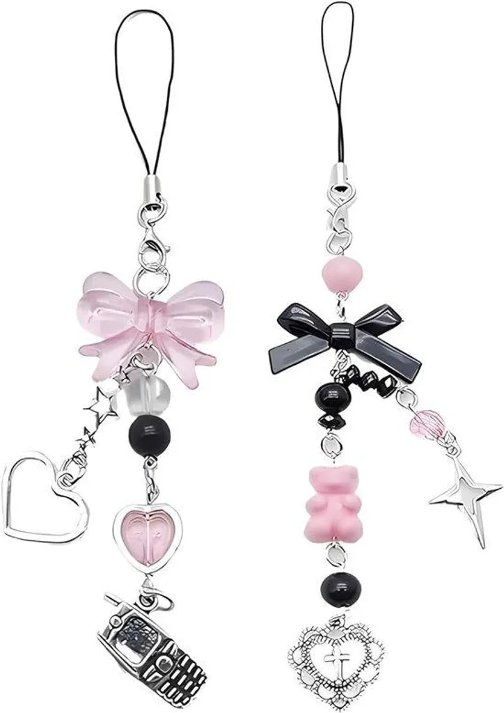 Dragonne téléphone portable perles papillon cœur - Lot de 2 pour femme