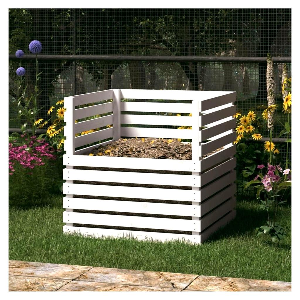 Komposter Weiß 80x80x78 cm aus Kiefernholz für Garten, Terrasse, Außenbereich