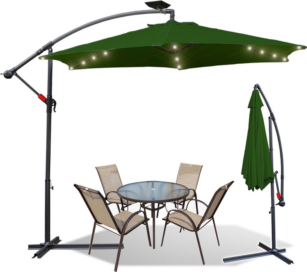 Jiubiaz 3m Sonnenschirm UV40+ Camping Pendelschirm Pavillon LED Solar Gartenschirm mit LED -Grün