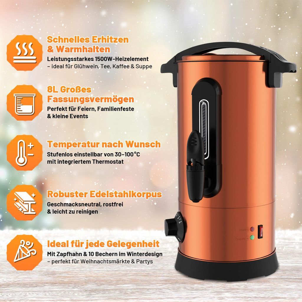 Vigevee Glühweinkocher 8L 1500W Kupfer Heißgetränkespender