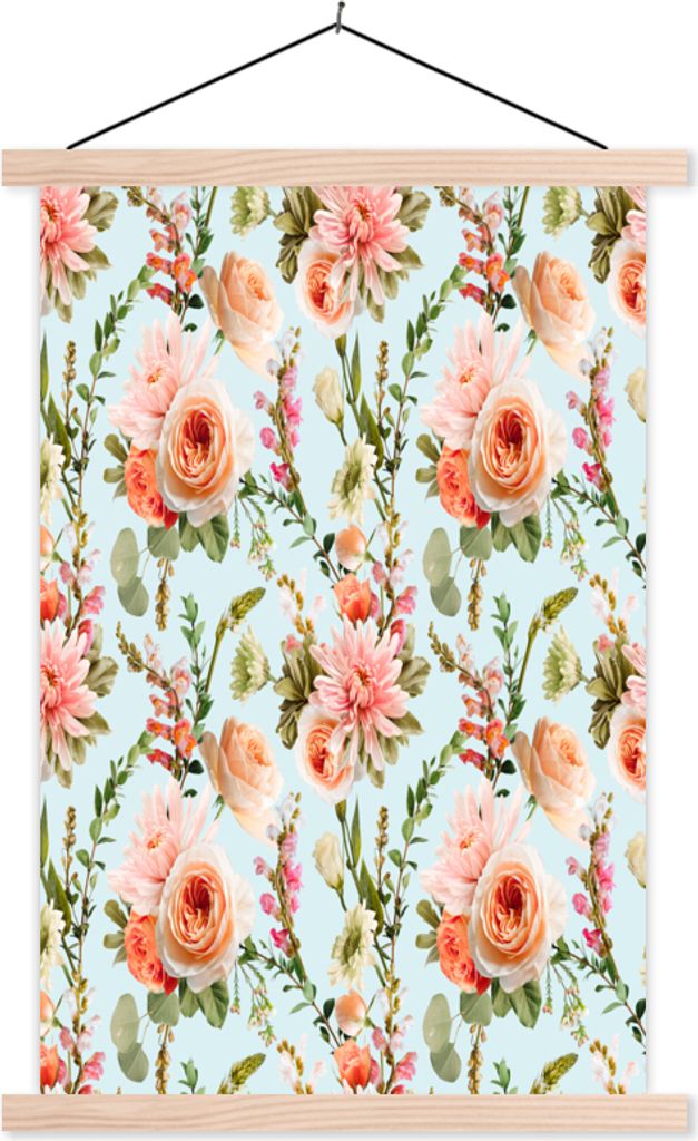 MuchoWow Textilposter Blumen - Rosen - Rosa 120x180 cm mit holzfarbenen Rahmen - Textil-Plakat