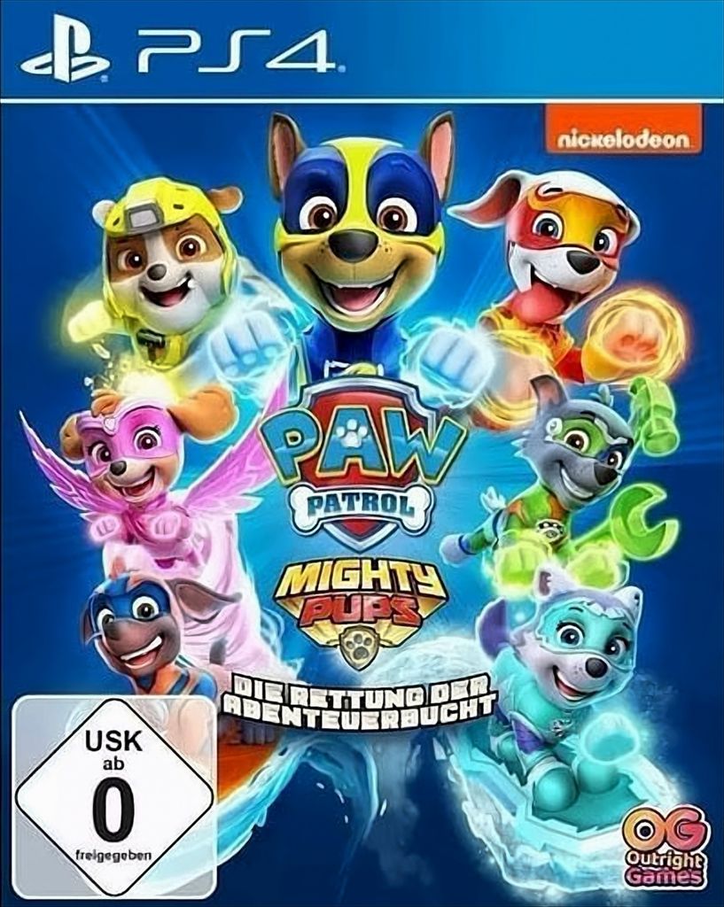 The cover art for the Playstation 4 game Paw Patrol: Mighty Pups – Die Rettung der Abenteuer-Bucht, featuring the Paw Patrol characters.
