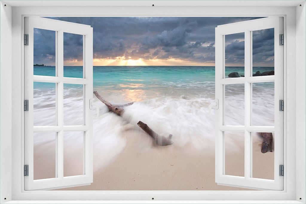Wallario Outdoor-Poster für Garten oder Balkon 61 x 91,50 cm: Wellen am Strand bei Sonnenuntergang