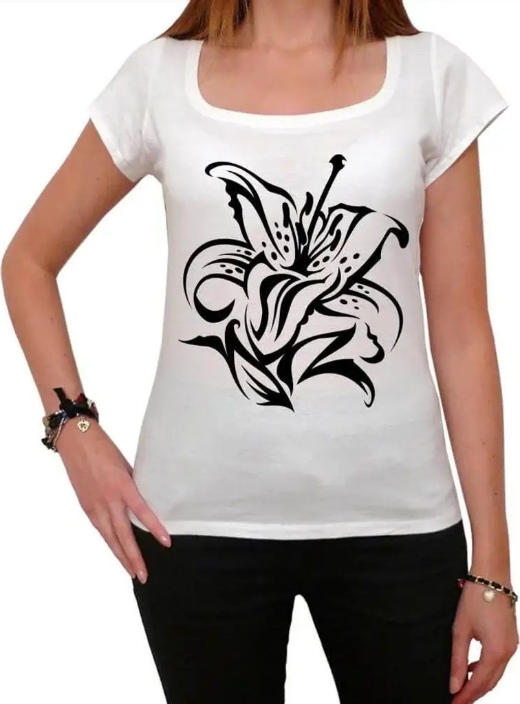 Damen Grafik T-Shirt Tribal und Tigerlilie Tattoo – Tribal And Tiger Lily Tattoo – Öko-Verantwortlich Vintage Jahrgang Kurzarm Lustige Druck
