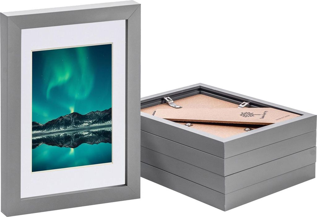 Nicola Spring Bilderrahmen mit 10,2 x 15,2 cm Passepartout – A5 (15,2 x 20,3 cm) – Grau/Weiß – 5 Stück