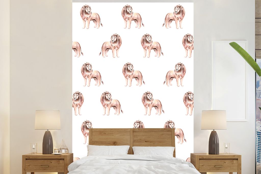 MuchoWow Fototapete für Wohnzimmer oder Schlafzimmer Wandtapete Vinyl Motivtapete Löwe - Illustration - Muster - 200x300 cm - Wanddekorationen