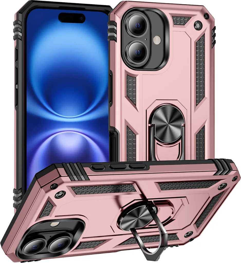 Custodia per iPhone 16 Plus a doppio strato, robusta e con protezione militare, con supporto ad anello e supporto Oro rosa