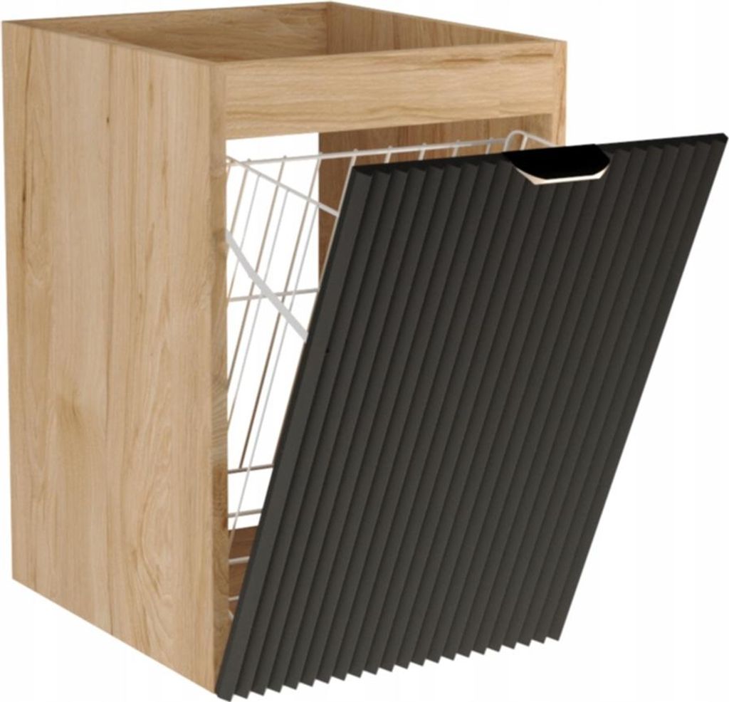 WENA Badezimmerschrank 40 cm, mit Wäschekorb, geriffelte Fronten, Griffe aus Metall in der Farbe Gold Willy (Farbe: Schwarz/Walnuss)