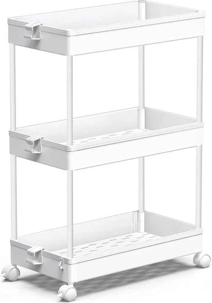 Chariot de rangement à 3 tablettes blanc avec tiroirs amovibles et roues