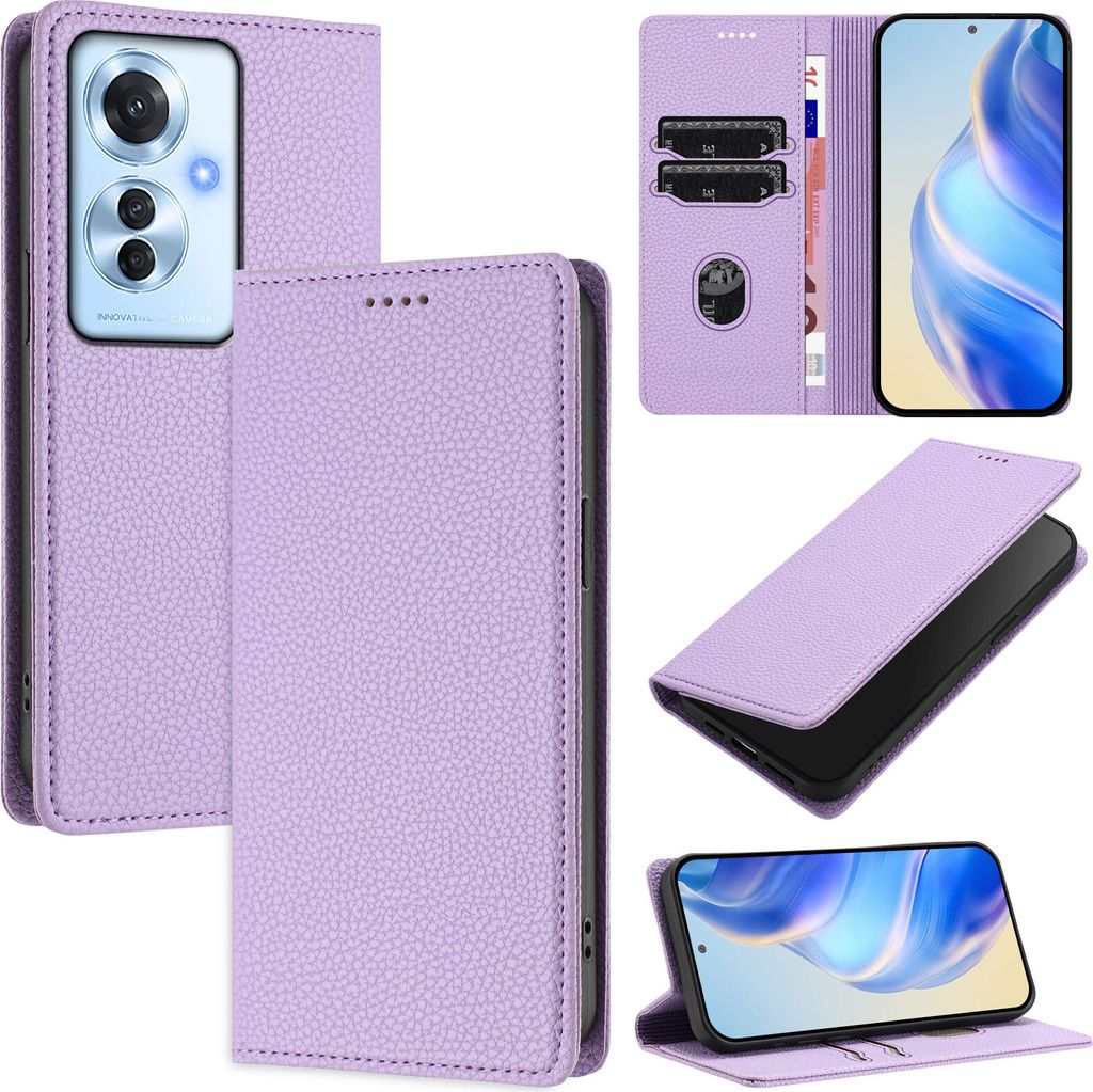 Litchi Leder Handyhülle für Oppo Reno11 F Wallet Kartenfächer Standfunktion Hülle Violett