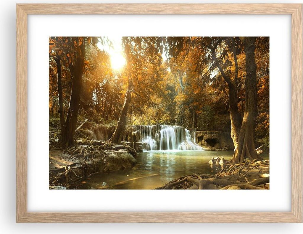Gerahmtes Poster - Rahmen in heller Eiche - Park Wasserfall Wasser - 40x30 cm - Wand Bild - Wanddeko - Wandbilder - Wandposter - Bilderrahmen - Bil...
