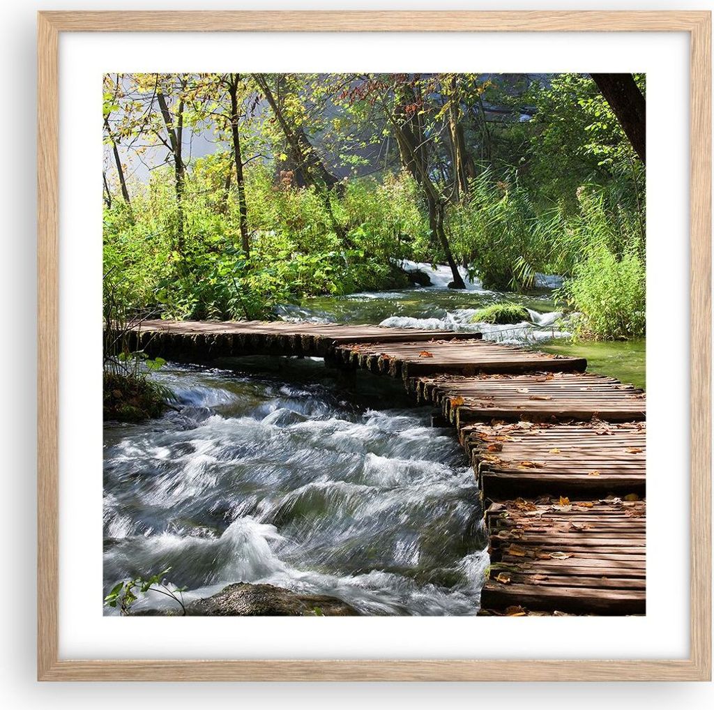 Gerahmtes Poster - Rahmen in heller Eiche - Park natur grün bäume - 50x50 cm - Wand Bild - Wanddeko - Wandbilder - Wandposter - Bilderrahmen - Bi...