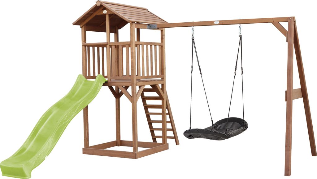 AXI Beach Tower Spielturm aus Holz in Braun | Spielhaus für Kinder mit hellgrüner Rutsche, Nestschaukel und Sandkasten | Stelzenhaus für den Garten