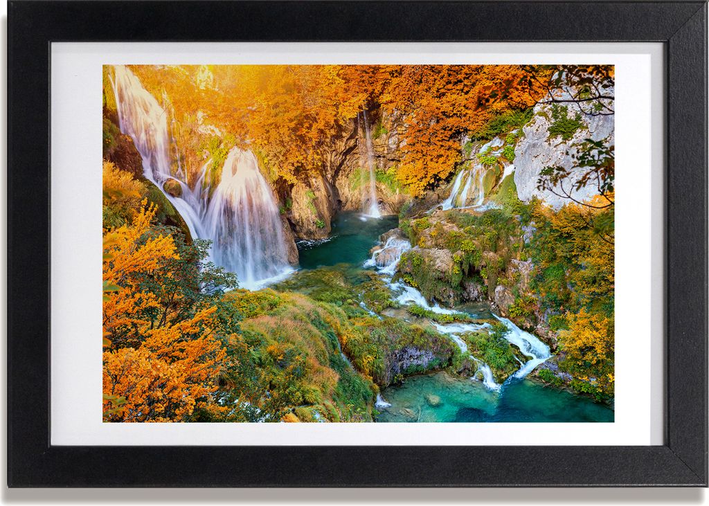 Bild 30x20 MDF-Rahmen, Wandkunst Wasserfall im Herbst
