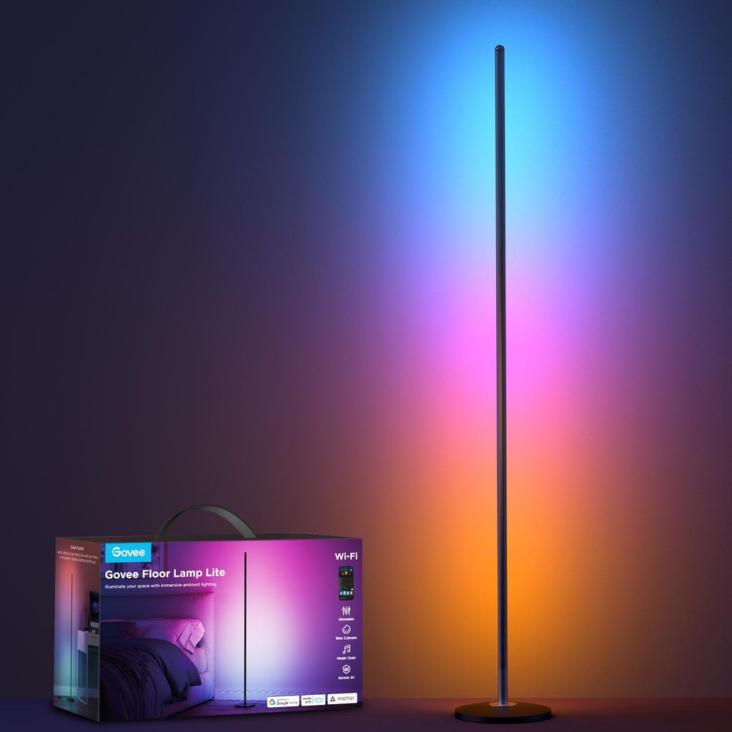 A Govee floor lamp is shown in a dark room, casting colorful light on the wall. A product box is in the foreground.