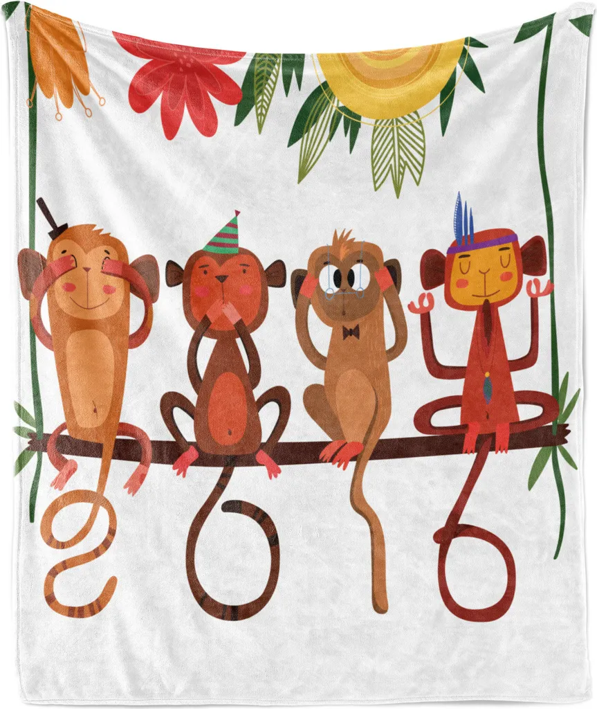 Plaid in Flanella ABAKUHAUS 175x230 cm - Coperta Calda Scimmie Fiori