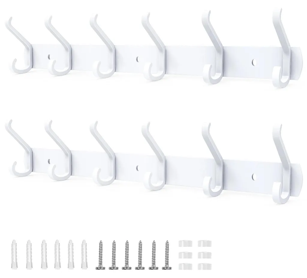 Porte-manteau mural blanc en métal 54 cm lot de 2 avec crochets triples