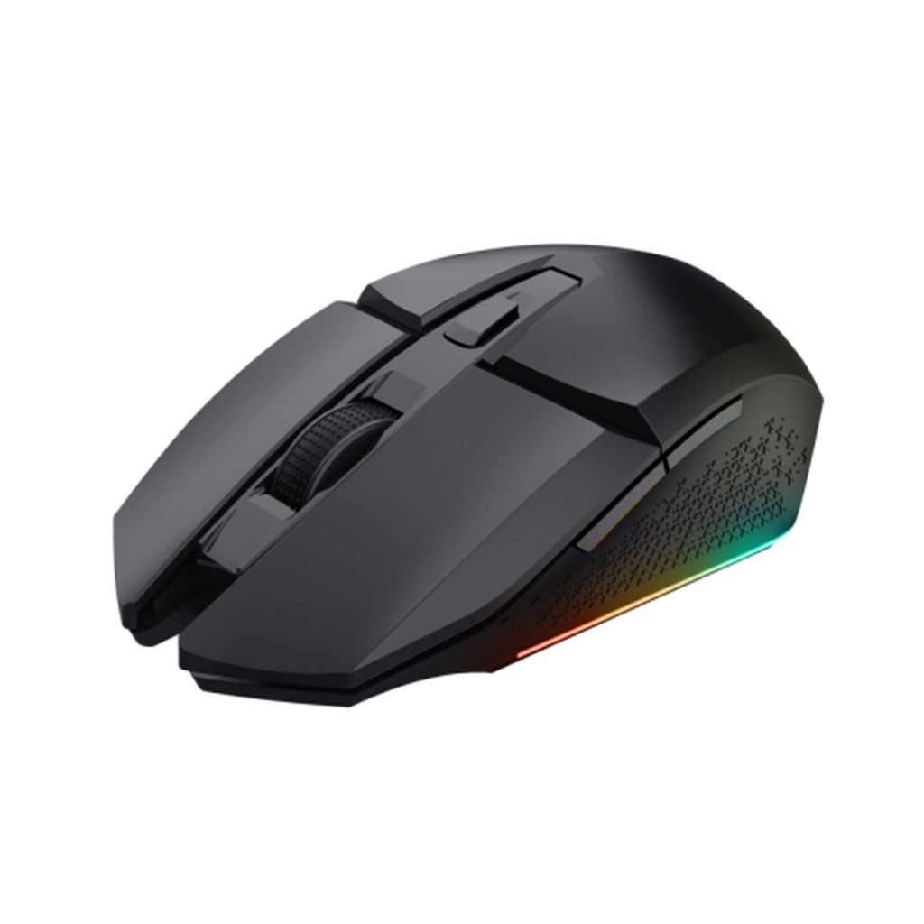 A black gaming mouse with RGB lighting on a white background.