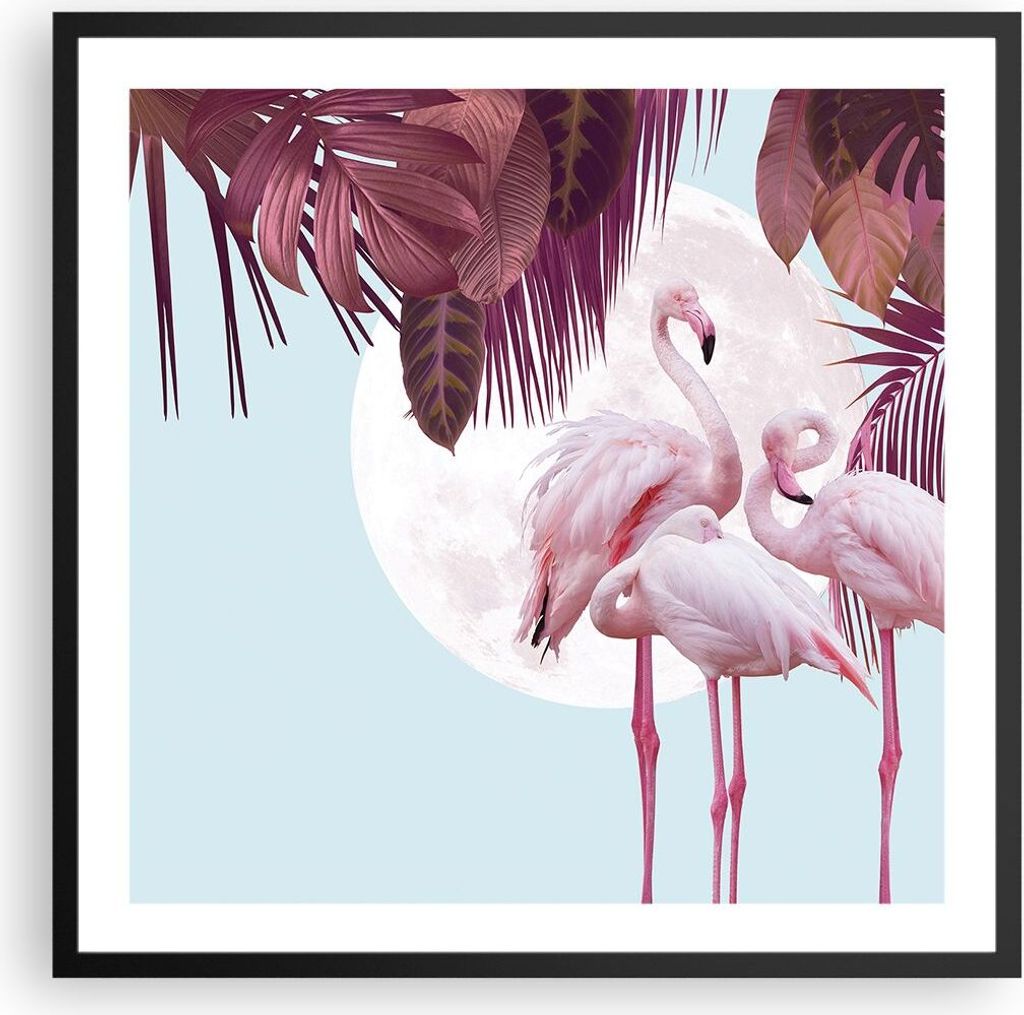Gerahmtes Poster - Schwarzer Rahmen - Flamingos Palmen Mond - 60x60 cm - Wand Bild - Wanddeko - Wandbilder - Kunstposter - Wandposter - Bilderrahme...