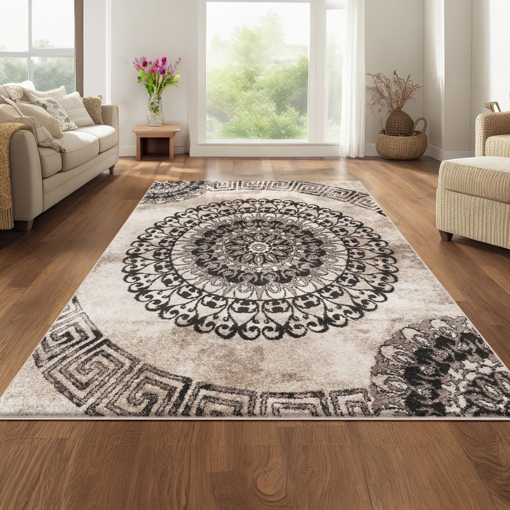 Teppich Klassisch Gemustert Kreis Ornamente in Braun Beige Schwarz Meliert Grösse 80x300 cm