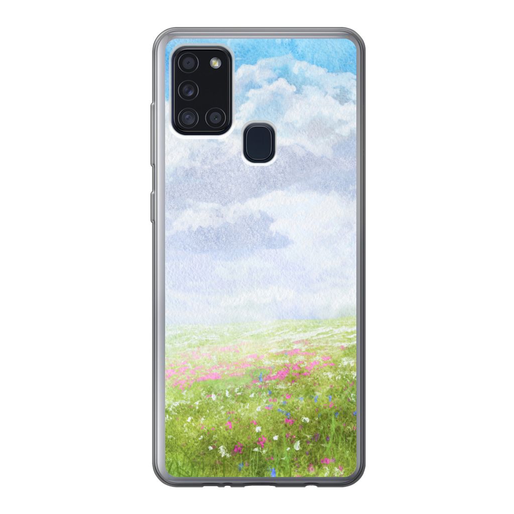 MuchoWow Handyhülle Schutzhülle Hülle für Samsung Galaxy A21s Aquarell - Blumen - Landschaft Silikon Softcase Handy Hülle - Hartschale