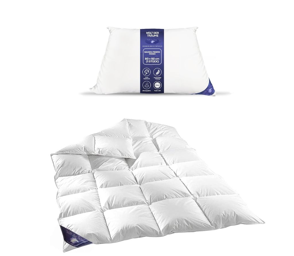 Bettdecke + Kopfkissen (Set): Daunenbettdecke 135x200 cm 1600 Gr. + Daunen Kopfkissen 80x80 cm 1380 Gr., EU