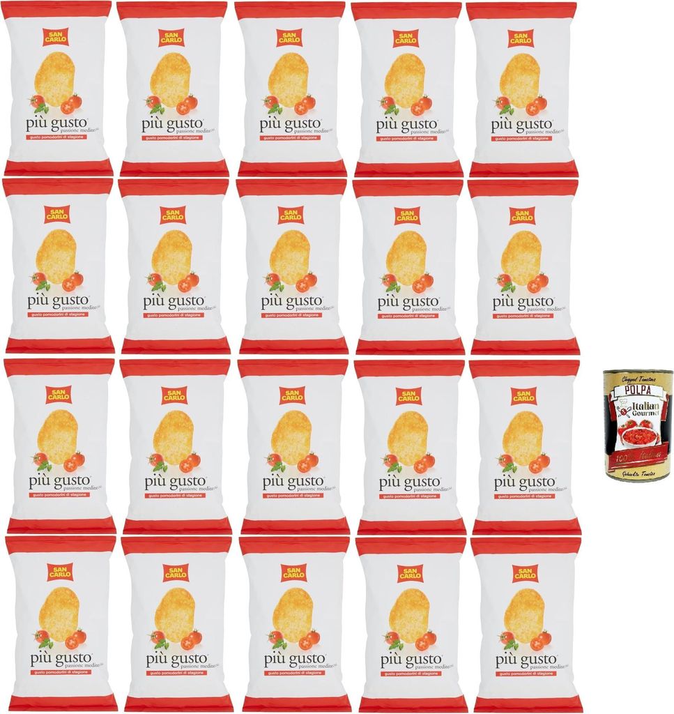 San Carlo Più Gusto Pomodorini di Stagione Patatine, Tomatengeschmack Kartoffelchips Chips, 20x 50g Beutel + Italian Gourmet polpa 400g