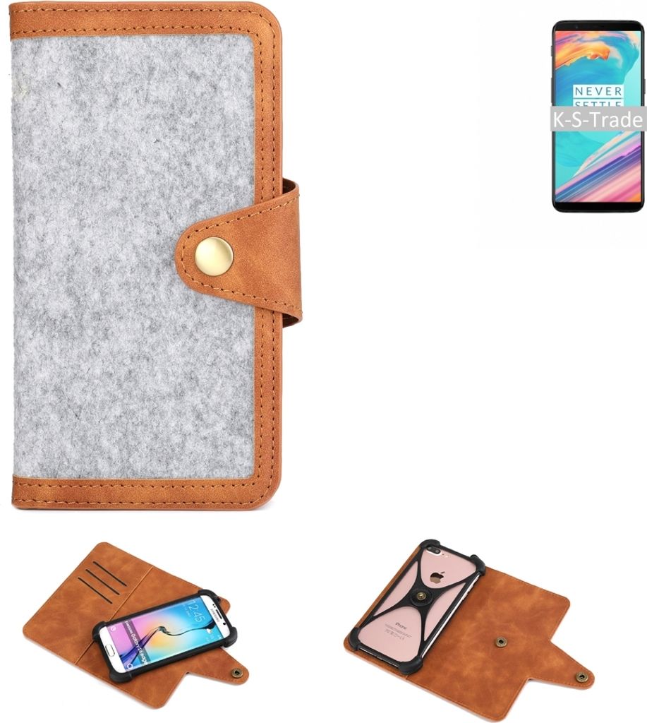 K-S-Trade Handyhülle kompatibel mit OnePlus 5T Schutzhülle Filz-Hülle Kunst-Leder hellgrau braun (1x)