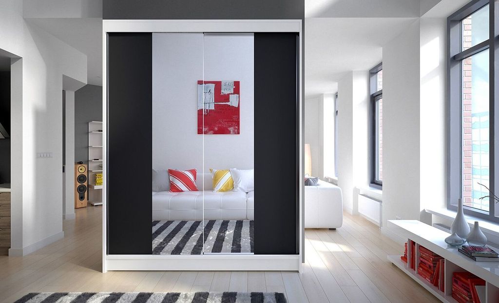 Kleiderschrank mit Spiegel CHANNA 3 – Breite 150 cm, weiß/schwarz