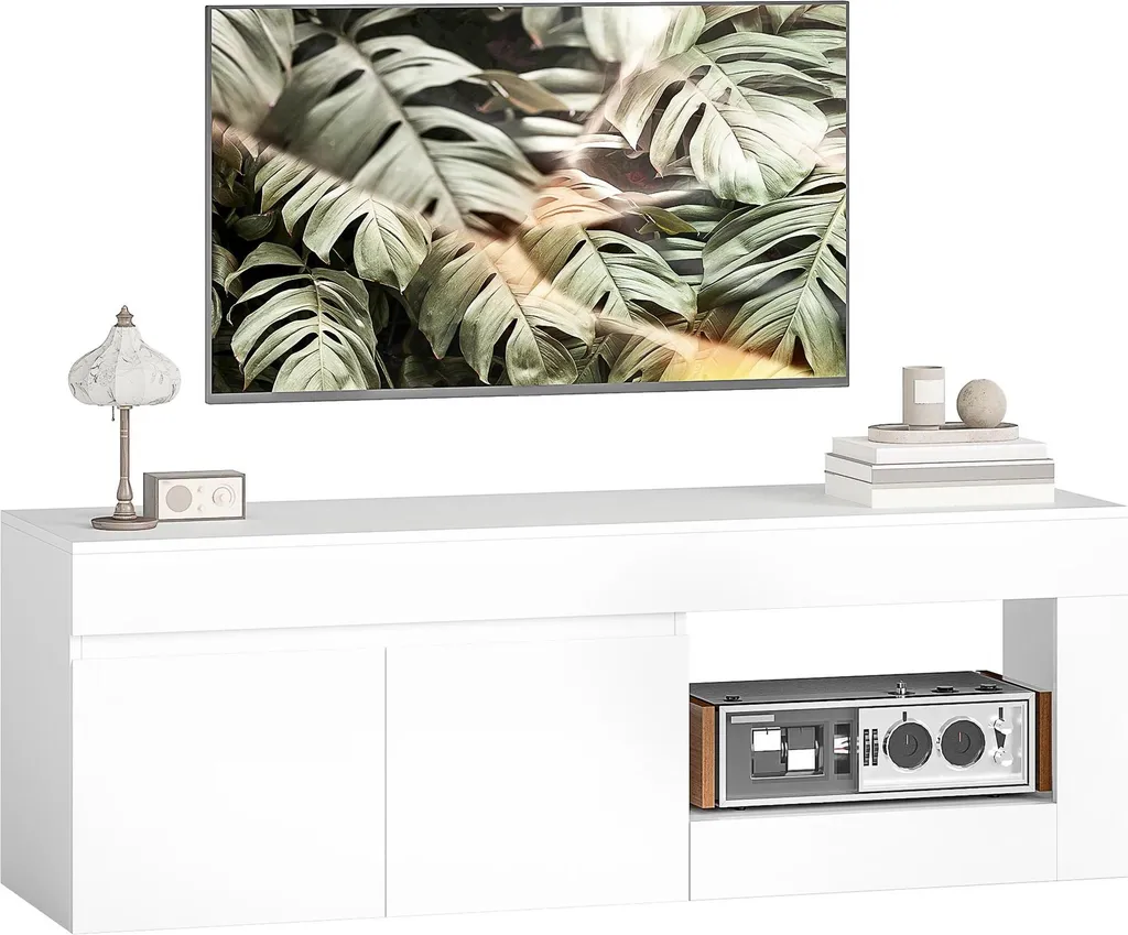Meuble Télévision 140 cm Blanc avec 2 Portes et Compartiment Multimédia