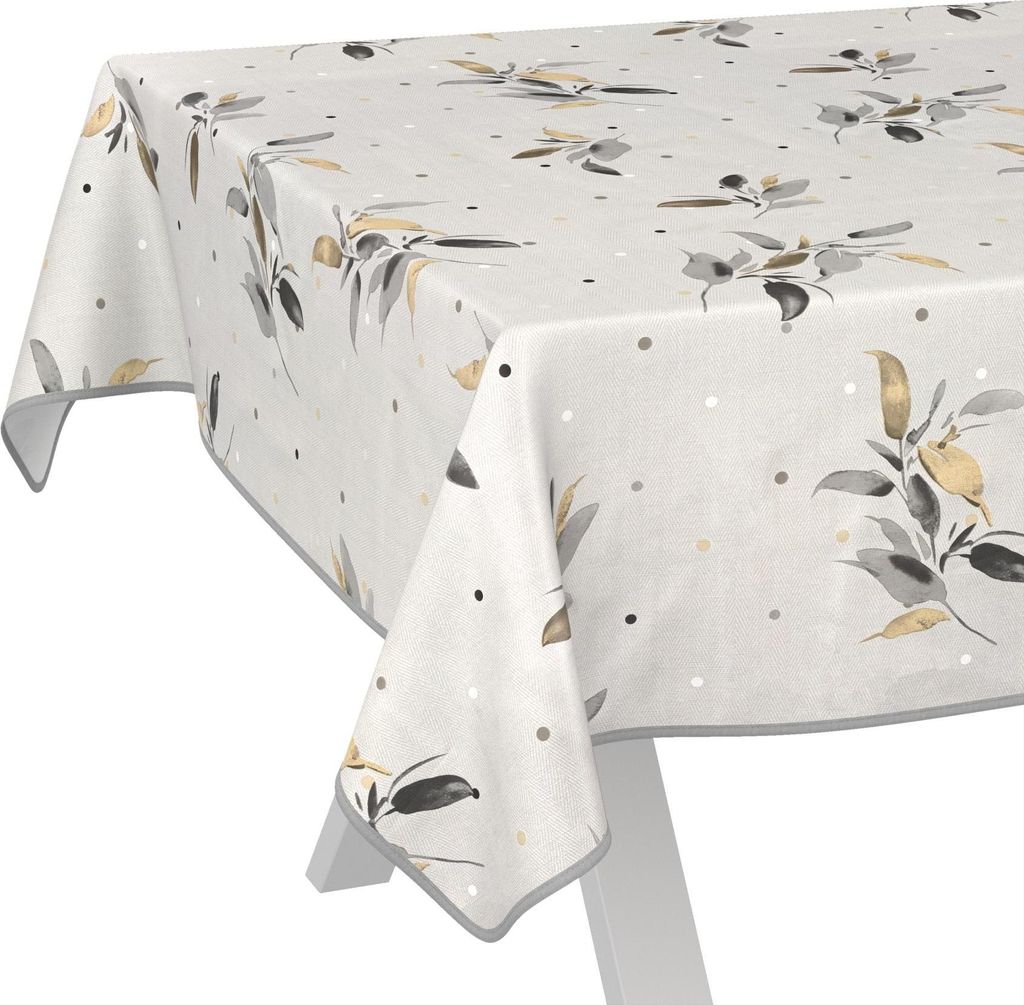 Tischdecke wasserabweisend abwaschbar Grau 140x140cm Band Nordic Botanical Silberblatt Wachstuch Gartentischdecke