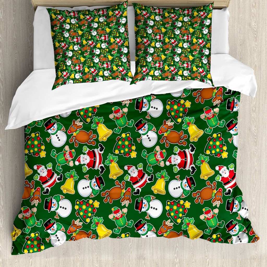 ABAKUHAUS Weihnachten Bettbezugs Set Für Doppelbetten, Lebhafte freudige Ikonen, Milbensicher Allergiker geeignet mit Kissenbezügen, Mehrfarbig