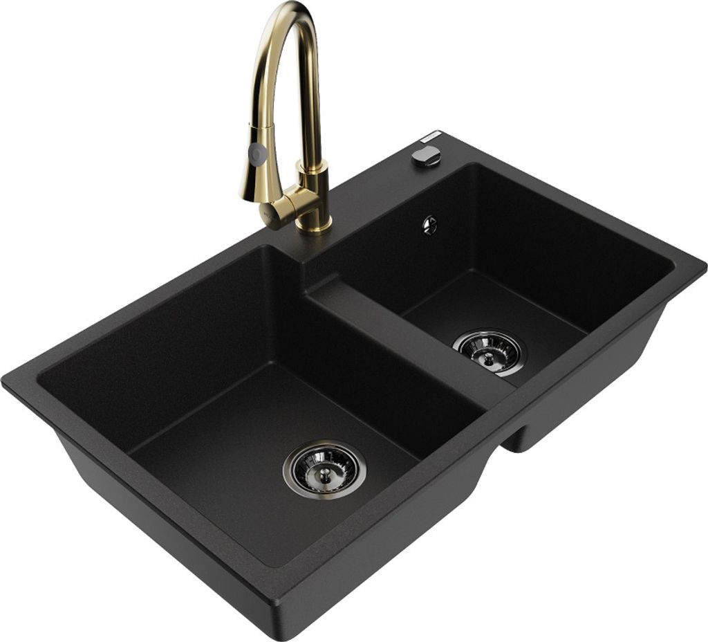 Mexen Tomas 2-Becken-Granitspüle mit Mischbatterie Elia, Schwarz - 6516-77-670101-50-B