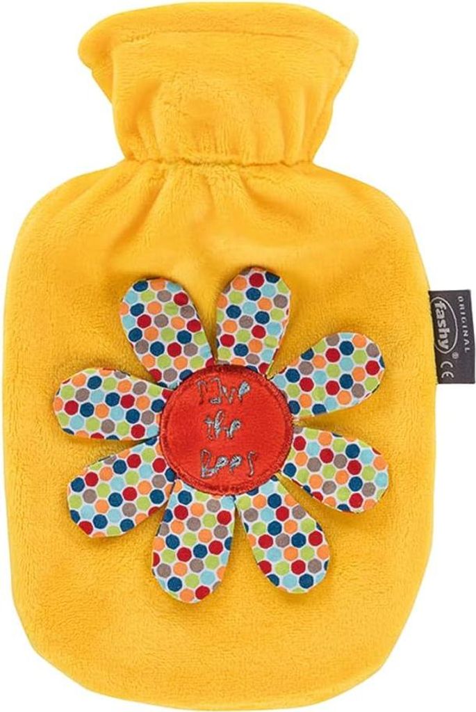 Kleine Warmwasserflasche 0,8 Liter - Bestickter Plüschbezug "Love The Bees" - Wärmflasche zur Schmerzlinderung
