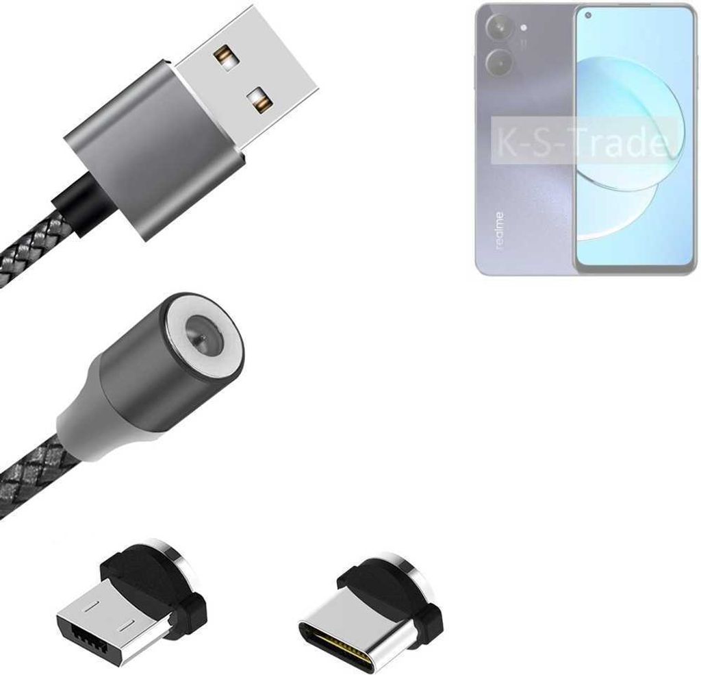 K-S-Trade Hochwertiges Magnet-Lade-kabel Sync-Kabel Daten-Kabel für Realme 10 mit USB-Typ-C-Anschluss und Micro-USB-Anschluss 2A bis zu 480mbps