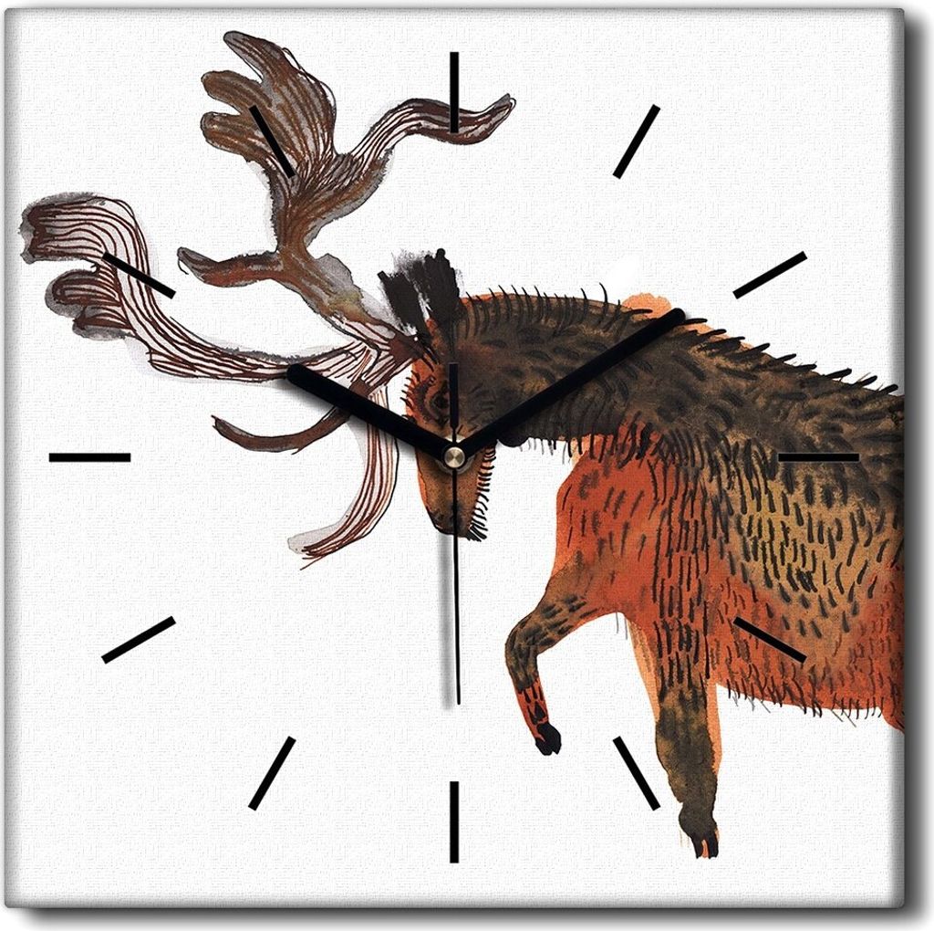 Coloray Uhr auf Leinwand 30x30 cm Wand Uhr Dekoration Wohnzimmer Segeltuch schwarze Hände -Hirsch-Tier-Aquarelle.