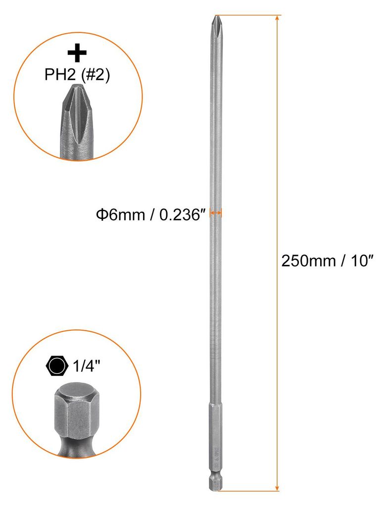 5 Stš¹ck PH2 Phillips Schraubendreher Bit Set mit 1/4" Sechskantschaft, 6mm Stab 250mm Lang Magnetische Kreuzkopf Bitsatz S2 Stahl Bohrer Elektro...