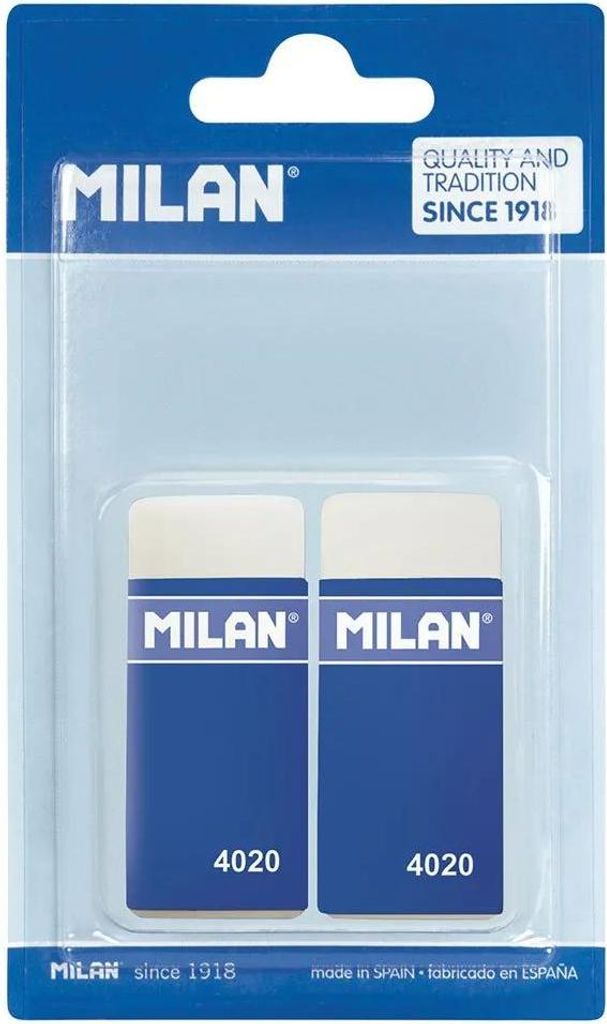 Milan 4020 Packung mit 2 rechteckigen Radiergummis - Brotkrümel - weicher synthetischer Kautschuk - blaue Papphülse - Farbe white