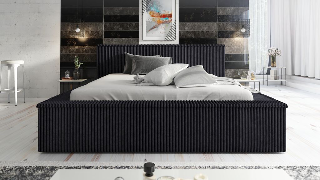 Polsterbett RIO 140 x 200 mit Matratze und Bettkasten. Farbe: Schwarz