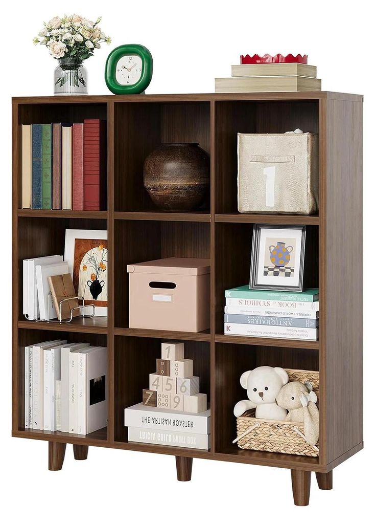 Rustikales Würfelregal - Bücherregal Mit 9 Fächern - Freistehend - Offene Aufbewahrung - Holz - Modular - Zum Selbstaufbau - Für Wohnzimmer Sch...