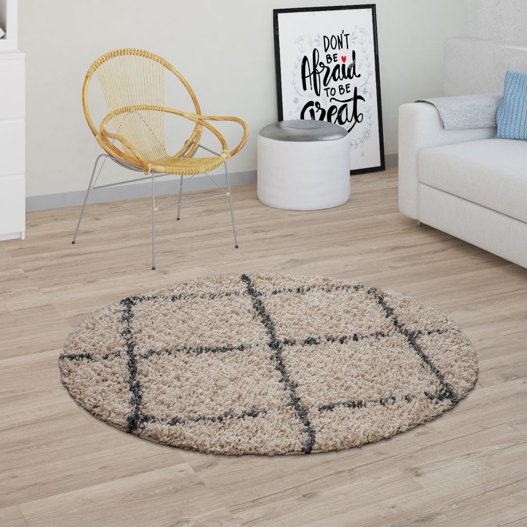 Hochflor Teppich Wohnzimmer Shaggy Skandinavisches Rauten Muster Beige Grau Grösse Ø 200 cm Rund