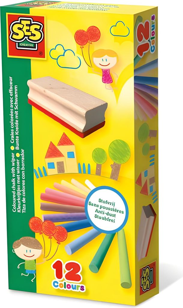 SES Creative 00208 Bunte Kreide mit Schwamm - Staubfreie Kreiden für Kreatives Zeichnen und Malen