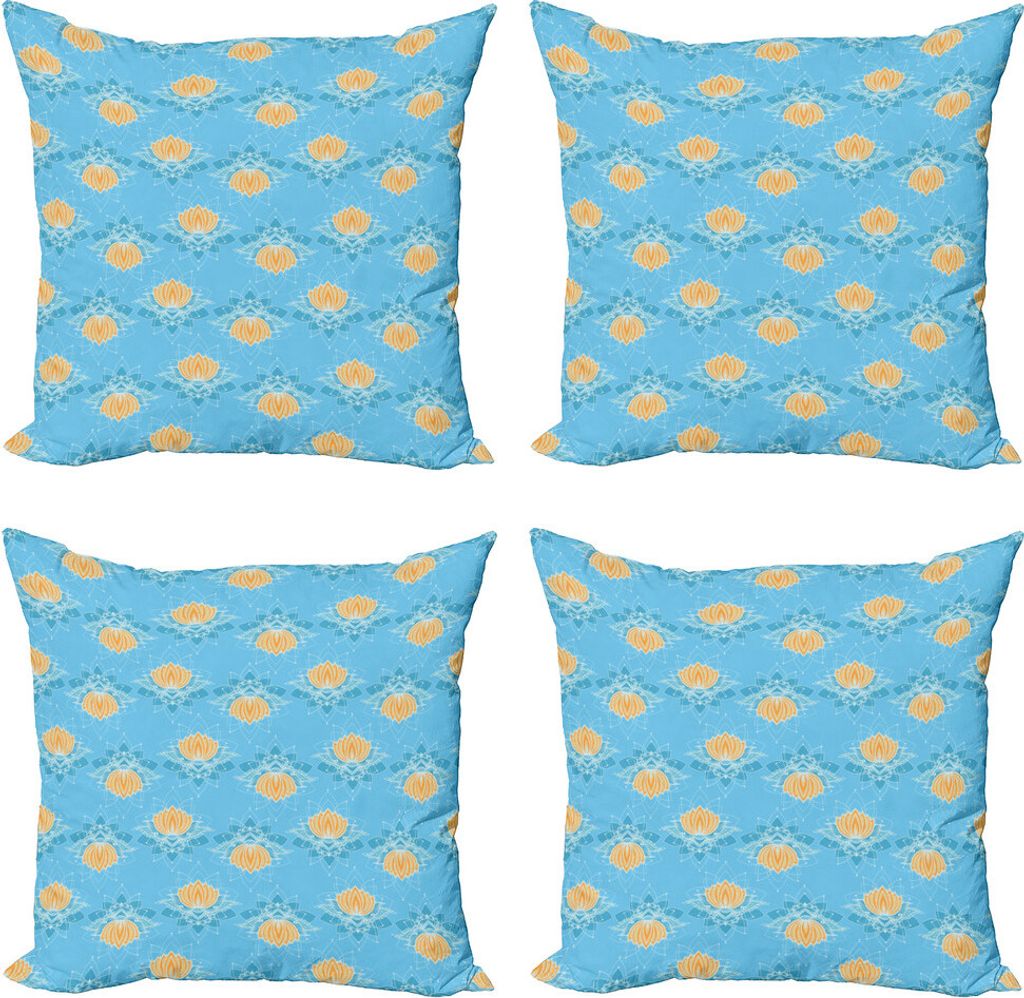 ABAKUHAUS Lotus Kissenbezug Set (4 Stück), Japanische Themed Flora, Moderner Doppelseitiger Digitaldruck, 50 cm x 50 cm, Marigold Blau Weiß