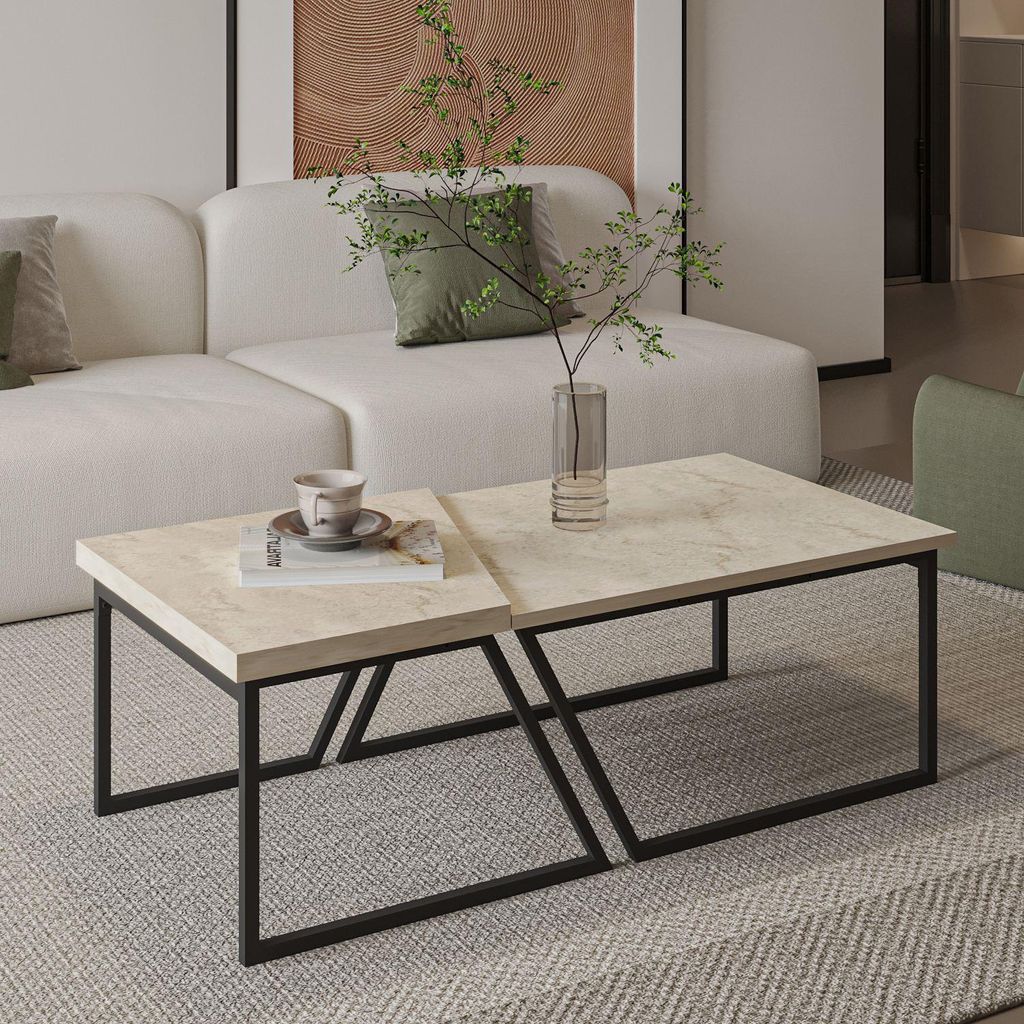 Skye Decor, Verona P0024623 - Travertine, Couchtisch-Set, Travetine, 100% MELAMINBESCHICHTETE SPANNPLATTE, 60-80 x 60 x 38,8 cm
