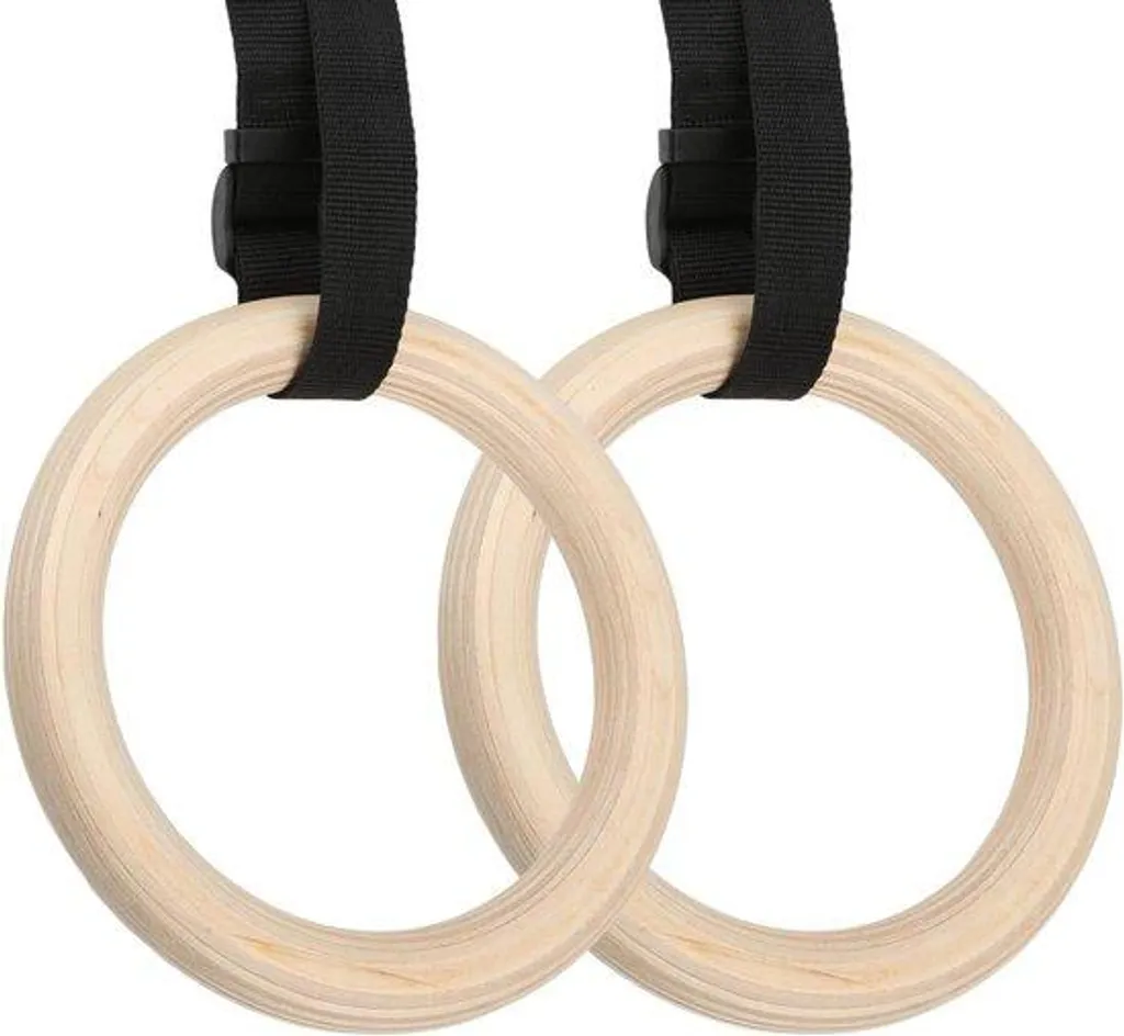 Anneaux de gymnastique en bois suspendus et sangles en nylon noir
