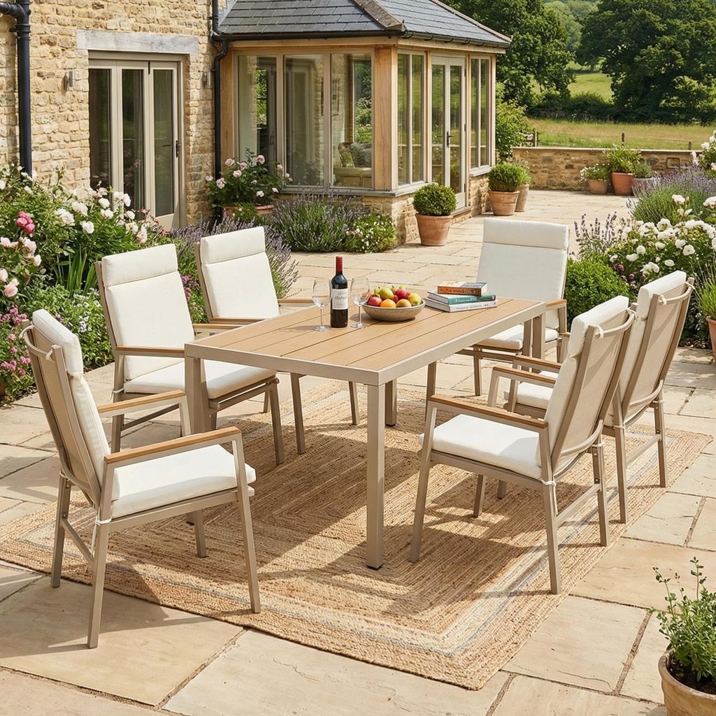 Garten-Essgruppe für 6 Personen – 1 Tisch & 6 Stühle, verzinktes Eisen, Tischplatte aus Kunststoffholz, Gartenmöbel-Set für Terrasse & Garten...