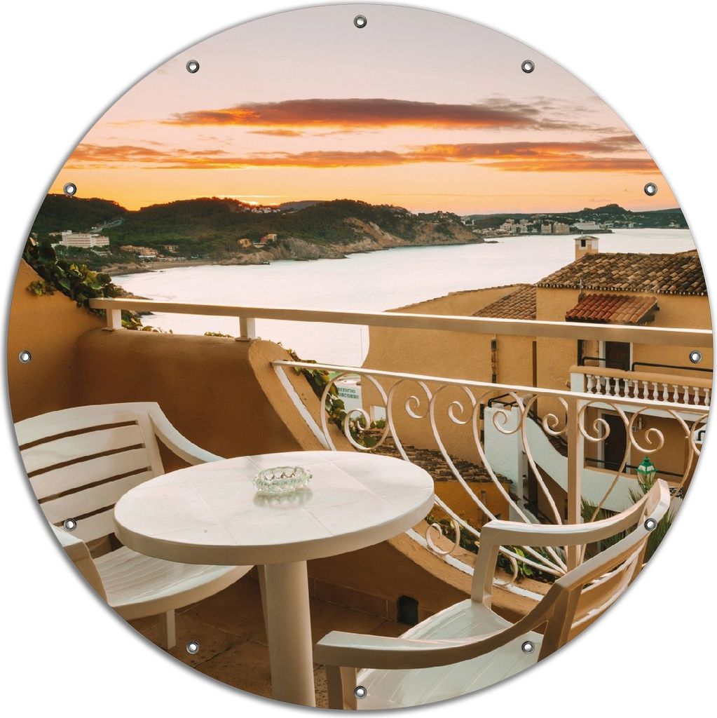 Wallario rundes Outdoor-Poster für Garten oder Balkon, Motiv Sommer in Spanien - Ausblick von einer schönen Terrasse auf das Meer, 120 cm Durchme...