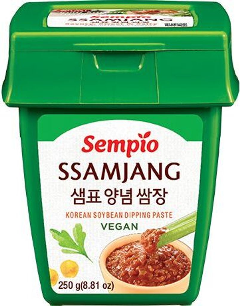 A product shot of a green tub of Sempio Ssamjang Korean Soybean Dipping Paste.