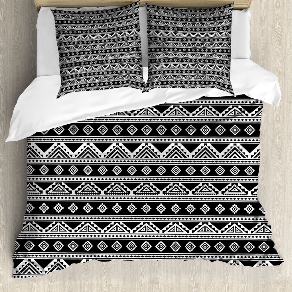 ABAKUHAUS aztekisch Bettbezug Set für Einzelbetten, Monochrome Aboriginal Motive, Milbensicher Allergiker geeignet mit Kissenbezug, 200 cm x 200 c...