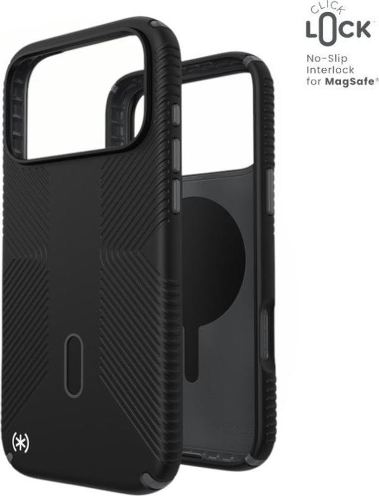 A black iPhone case with a clear back is shown on a white background. Text and a logo are visible in the upper right corner.